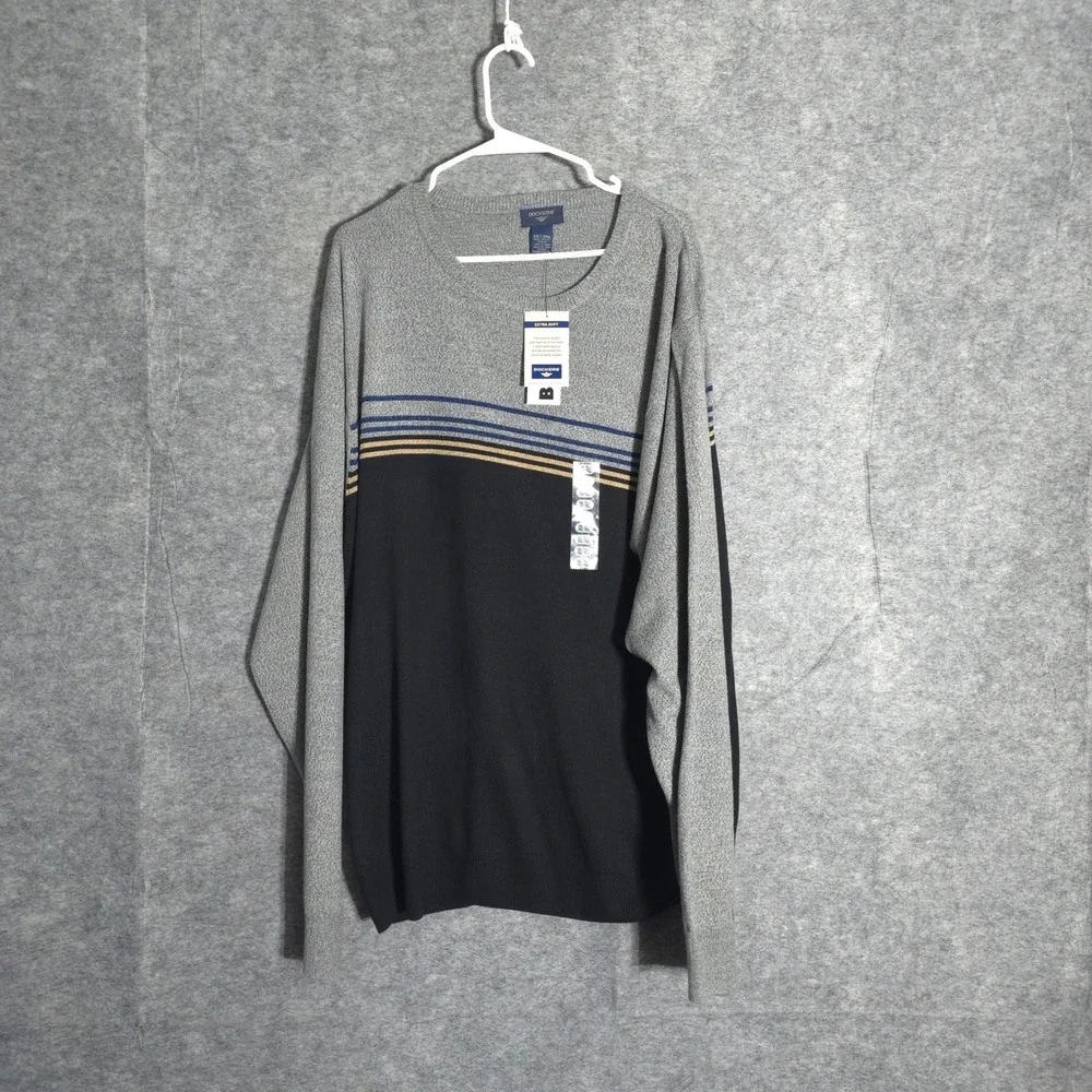 Dockers Sweater Mens XXLT Grey Black Striped Colorblock Crew Neck Soft 83078T